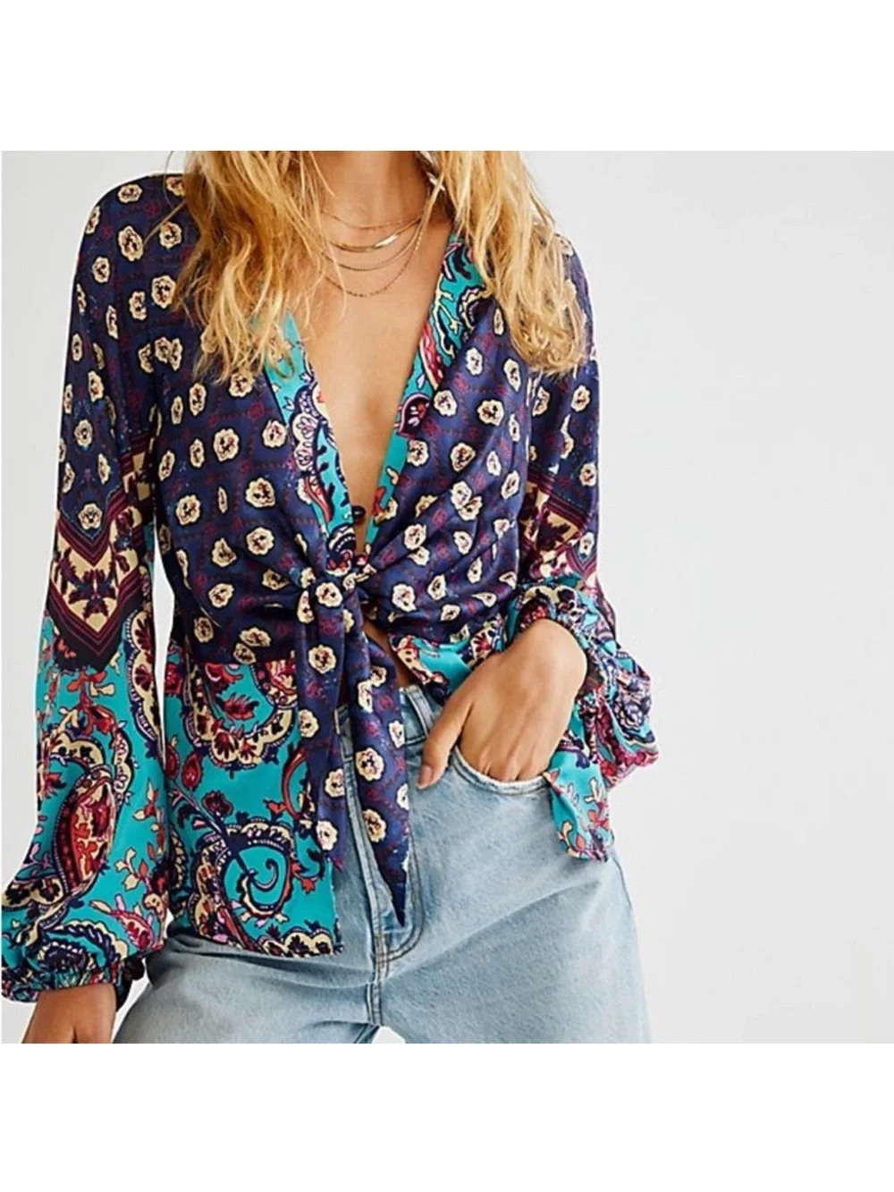 Free people multi print satin tie button long sleeve blouse size small